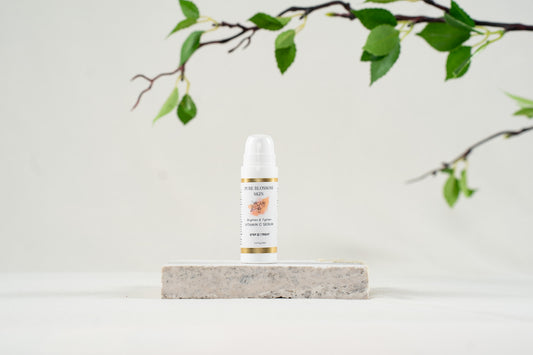 1/2oz opaque white pump bottle w/gold foil label. Brighten & Tighten VITAMIN C SERUM | Pure Blossom Skin